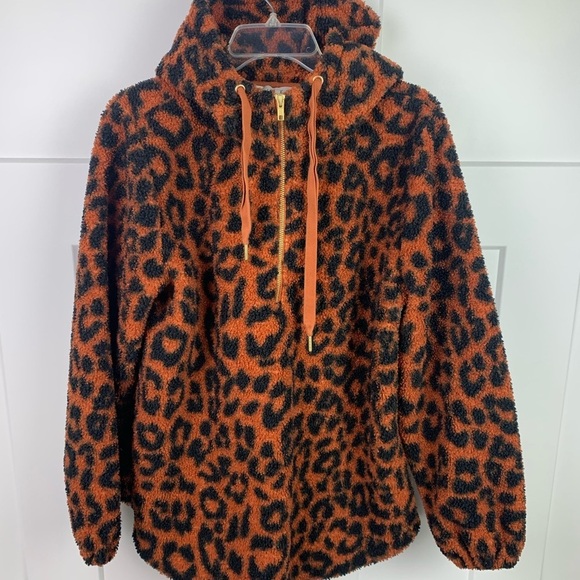 Ann Taylor LOFT LARGE hooded Fleece Half Zip Brown Black Leopard Animal - Picture 2 of 8